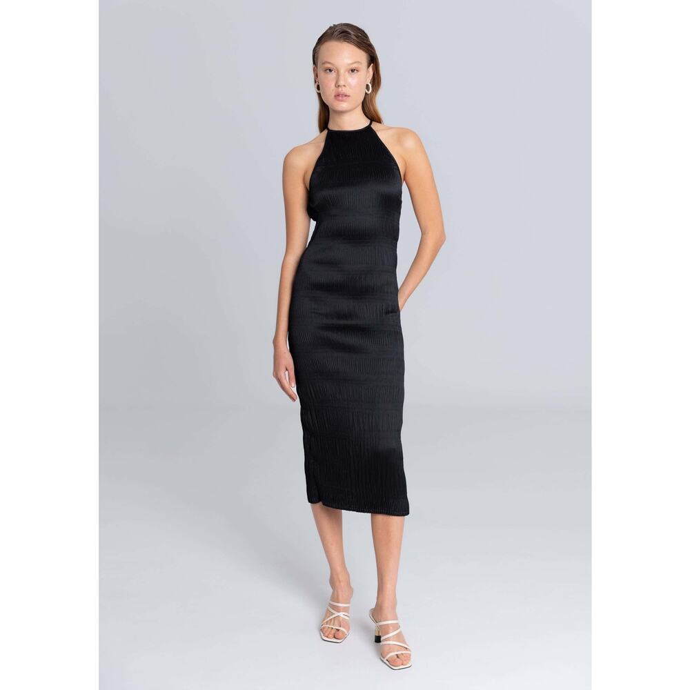 REISS Maddy Bodycon High Neck Black Dress NEW Size 6 Textured Knee Length LBD